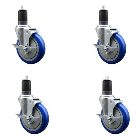 Service Caster 5'' Blue Poly Swivel 1-5/8'' Expanding Stem Caster Set with Brake, 4PK SCC-EX20S514-PPUB-BLUE-TLB-158-4